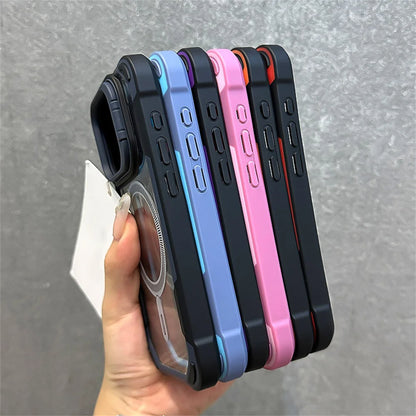 Capa magnética de luxo com armadura de cor contrastante para iPhone 16, 15, 14, 13, 12 Pro Max 11, suporte de lente dobrável para capa traseira Magsafe