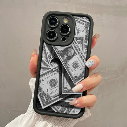 Capa de silicone com cobertura total em formato de notas de dólar preto para iPhone 16 15 14 13 12 11 ProMax XSMax XR 7 8 Plus à prova de choque