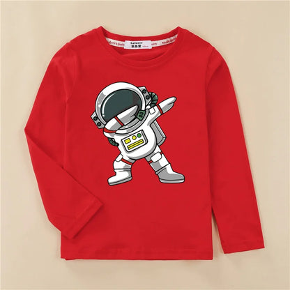 Roupas de desenho animado de astronauta para crianças, camisa de algodão para bebês meninos, camiseta de algodão de manga comprida, camiseta espacial infantil, tops de 3 a 14 anos