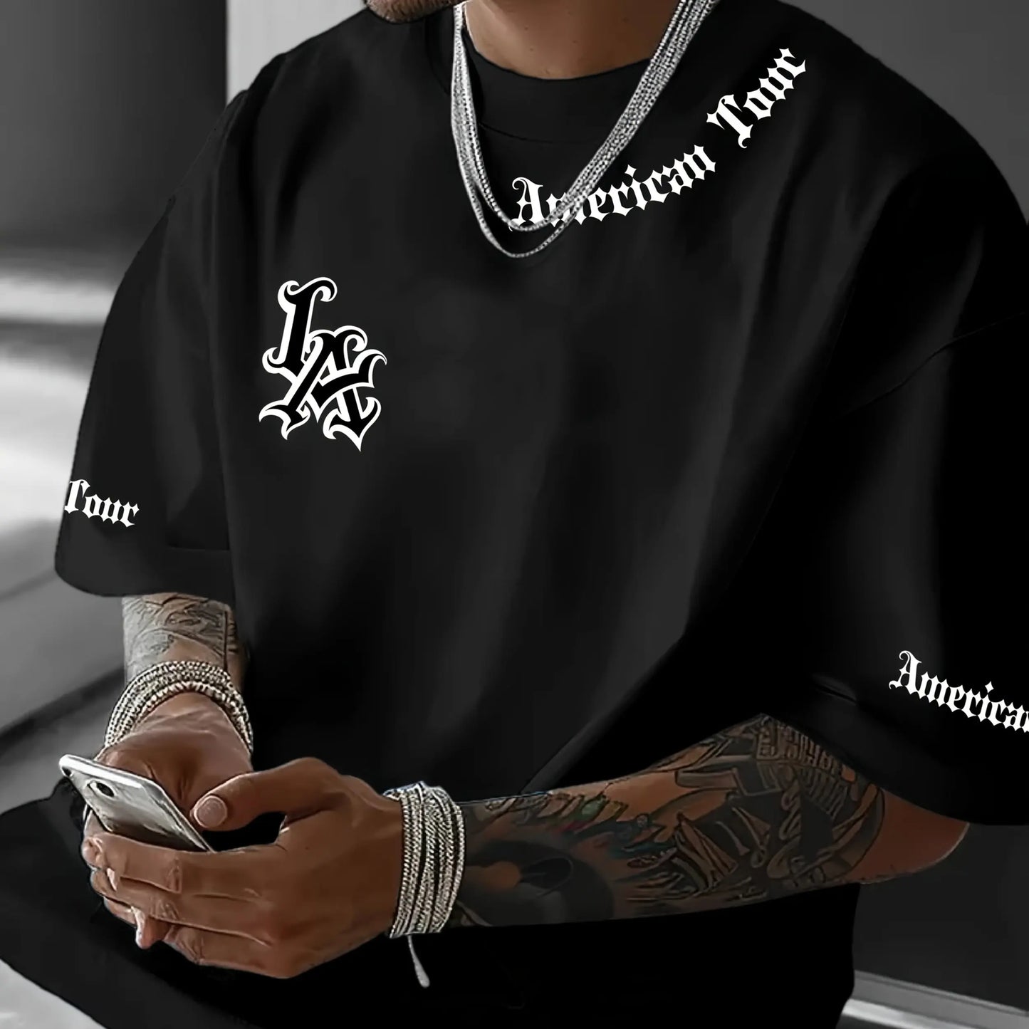 Camiseta esportiva casual com estampa de letras LA, manga curta, unissex, casual, uso diário, camiseta masculina