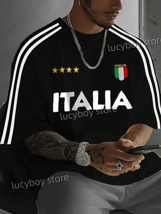 Camiseta rara masculina casual com estampa 3D de letras ITALIA, manga curta, esportiva, de futebol, vintage, listrada, grande, roupas masculinas