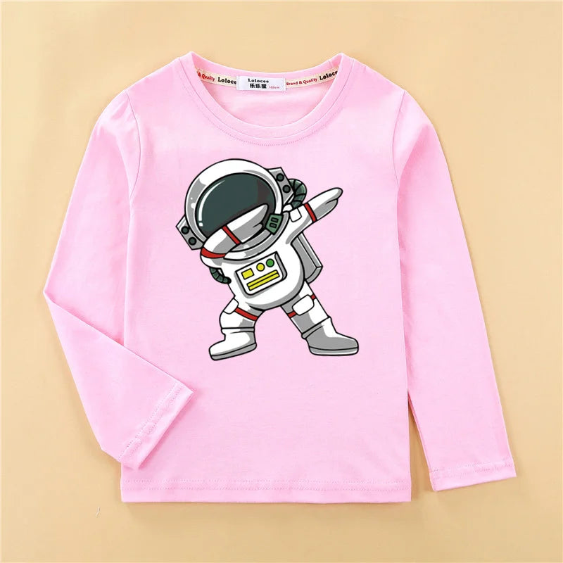 Roupas de desenho animado de astronauta para crianças, camisa de algodão para bebês meninos, camiseta de algodão de manga comprida, camiseta espacial infantil, tops de 3 a 14 anos
