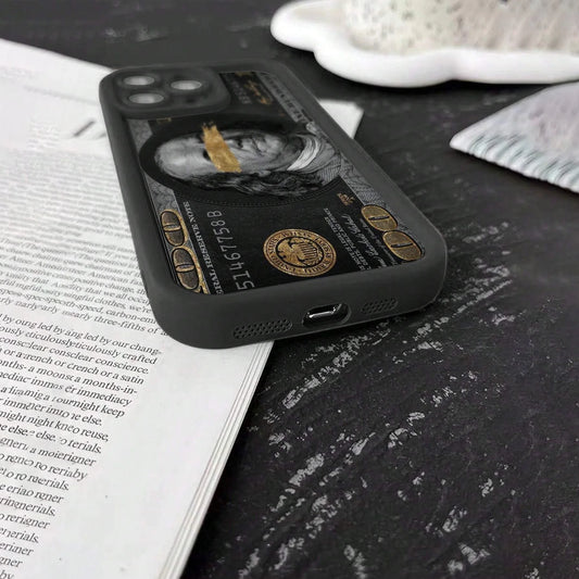 Capa de silicone com cobertura total em formato de notas de dólar preto para iPhone 16 15 14 13 12 11 ProMax XSMax XR 7 8 Plus à prova de choque