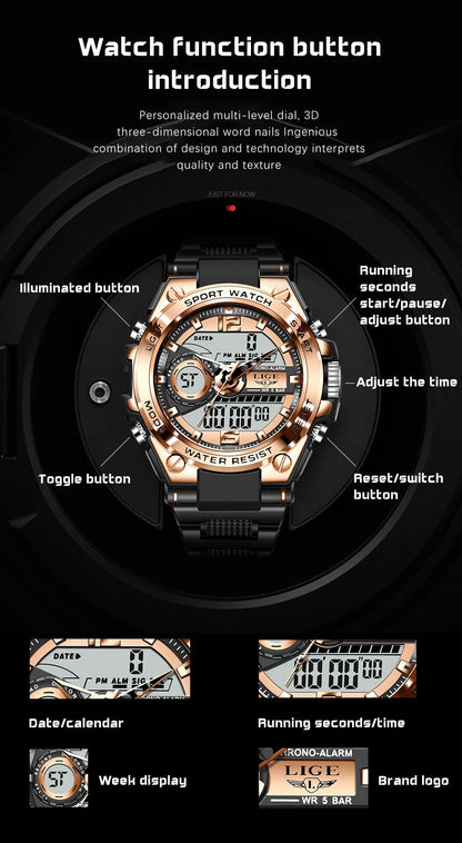 Relógio militar masculino Lige, digital, à prova d'água, 50 m, LED, quartzo, esportivo, grande, relógio masculino