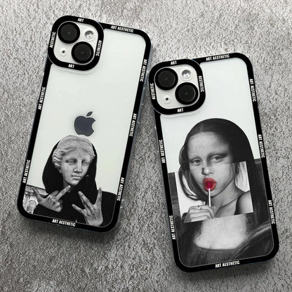Capa de celular transparente David Mona Lisa com estética da Great Art para iPhone 16, 15, 14, 13, 12, 11 Pro Max, 16E Mini XS X SE2, 7, 8 Plus