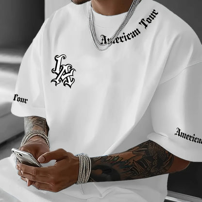 Camiseta esportiva casual com estampa de letras LA, manga curta, unissex, casual, uso diário, camiseta masculina