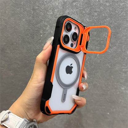 Capa magnética de luxo com armadura de cor contrastante para iPhone 16, 15, 14, 13, 12 Pro Max 11, suporte de lente dobrável para capa traseira Magsafe