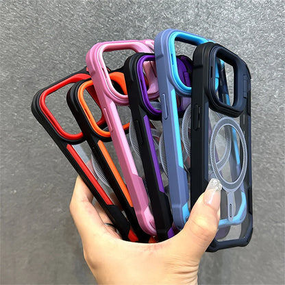 Capa magnética de luxo com armadura de cor contrastante para iPhone 16, 15, 14, 13, 12 Pro Max 11, suporte de lente dobrável para capa traseira Magsafe