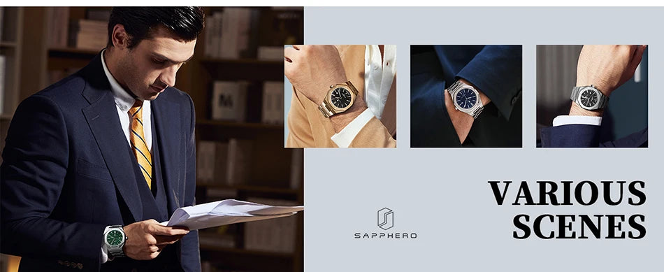 Relógio de pulso masculino SAPPHERO de luxo para negócios em aço inoxidável, esportivo, à prova d'água, resistente, presente para homens