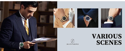 Relógio de pulso masculino SAPPHERO de luxo para negócios em aço inoxidável, esportivo, à prova d'água, resistente, presente para homens
