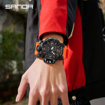 SANDA Relógio Eletrônico Masculino Estilo G Luxo Esportes ao Ar Livre LED Analógico Digital Cronógrafo Militar Display Duplo 50M À Prova D'Água