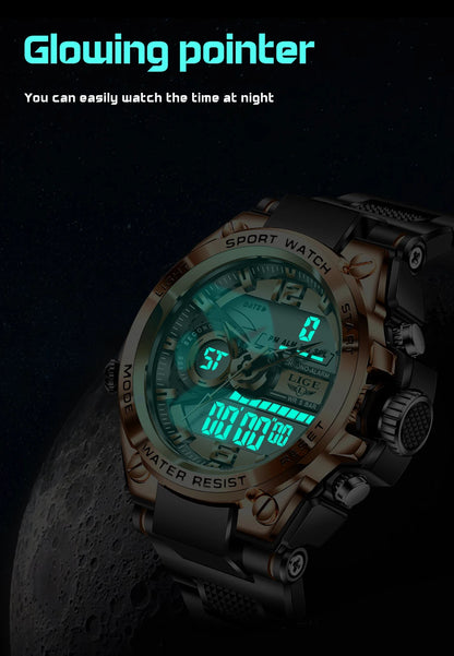 Relógio militar masculino Lige, digital, à prova d'água, 50 m, LED, quartzo, esportivo, grande, relógio masculino