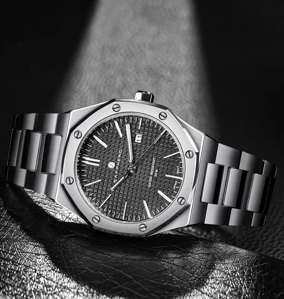 Relógio de pulso masculino SAPPHERO de luxo para negócios em aço inoxidável, esportivo, à prova d'água, resistente, presente para homens