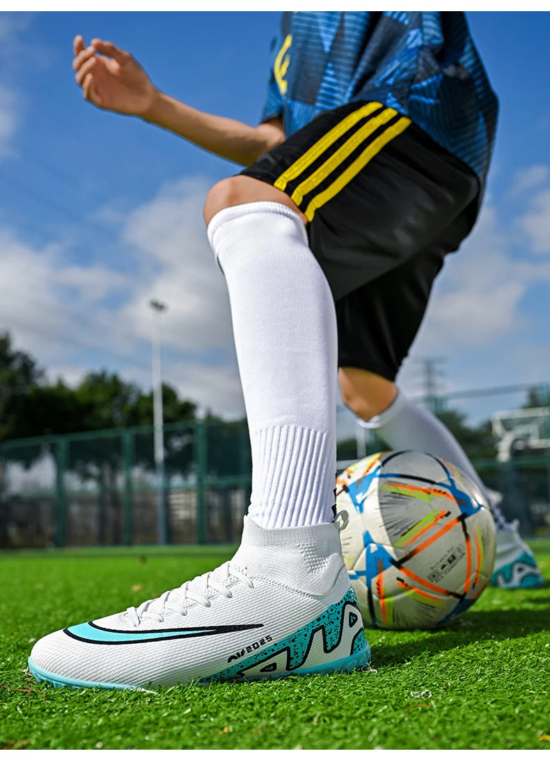 Novos calçados de futebol masculinos para atividades ao ar livre, antiderrapantes, chuteiras profissionais de futebol, cano alto, calçados de treinamento, envio direto, grama, mais vendidos