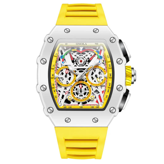 Relógio masculino ONOLA Fashion Tonneau à prova d'água com cronógrafo de quartzo esportivo com pulseira de silicone branca e relógio de pulso de luxo 2024 novo