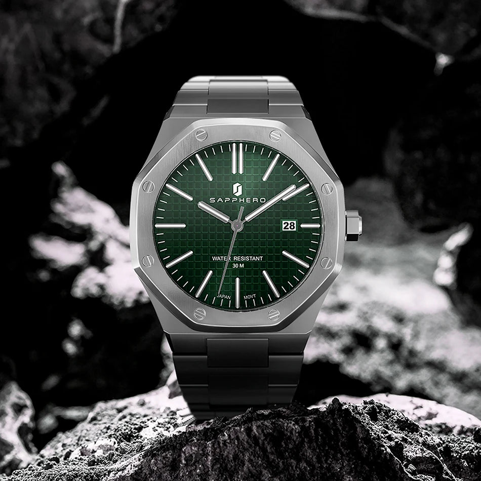 Relógio de pulso masculino SAPPHERO de luxo para negócios em aço inoxidável, esportivo, à prova d'água, resistente, presente para homens