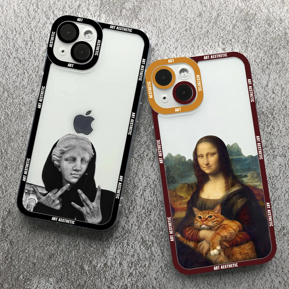 Capa de celular transparente David Mona Lisa com estética da Great Art para iPhone 16, 15, 14, 13, 12, 11 Pro Max, 16E Mini XS X SE2, 7, 8 Plus
