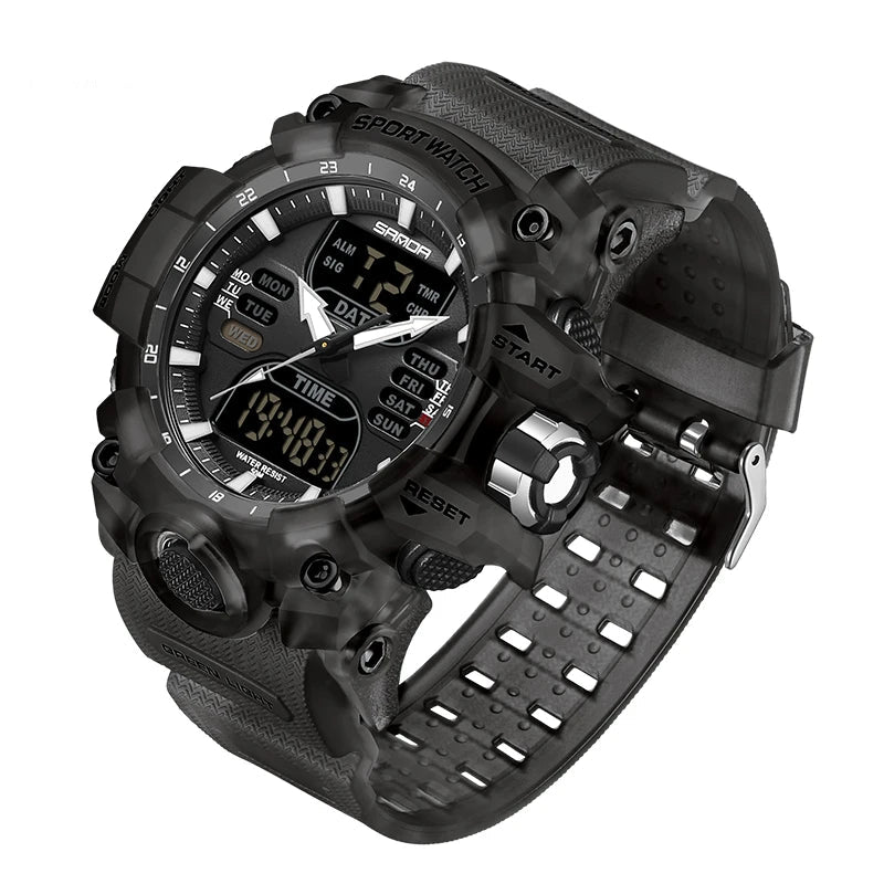 SANDA Relógio Eletrônico Masculino Estilo G Luxo Esportes ao Ar Livre LED Analógico Digital Cronógrafo Militar Display Duplo 50M À Prova D'Água