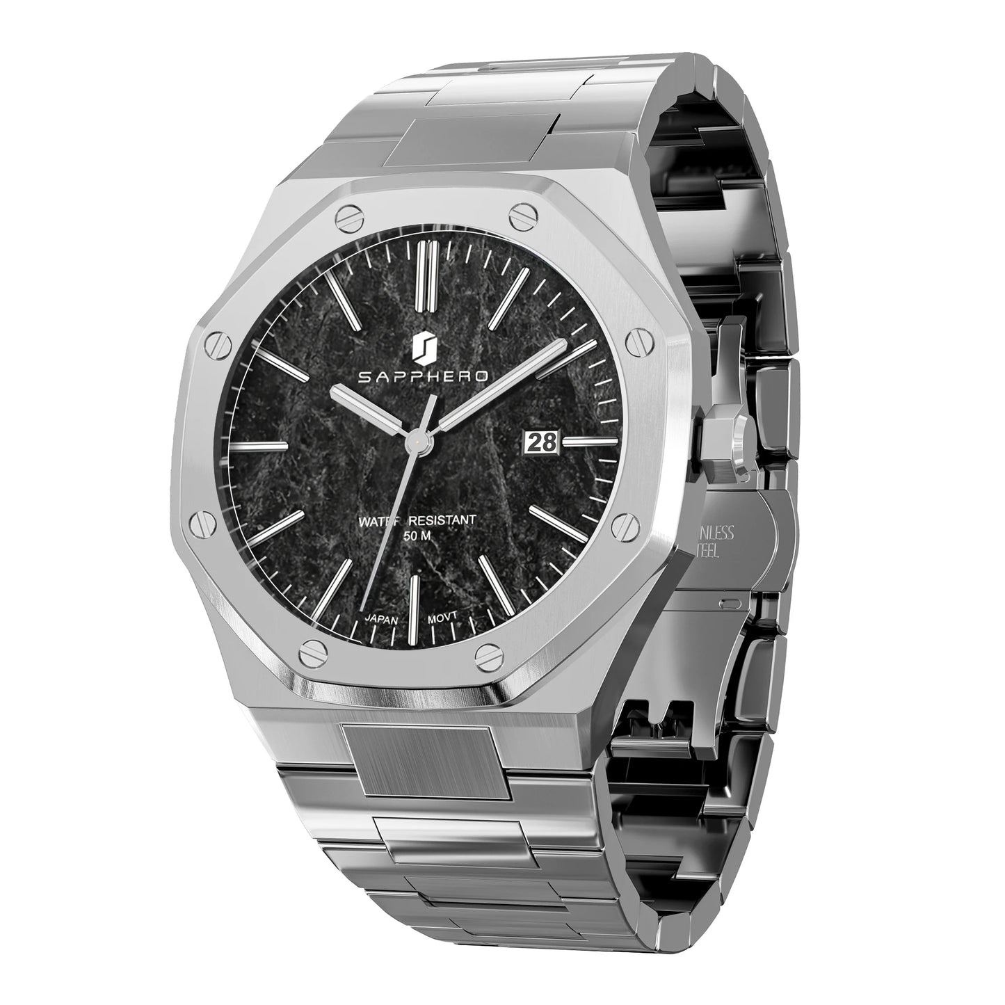 Relógio de pulso masculino SAPPHERO de luxo para negócios em aço inoxidável, esportivo, à prova d'água, resistente, presente para homens