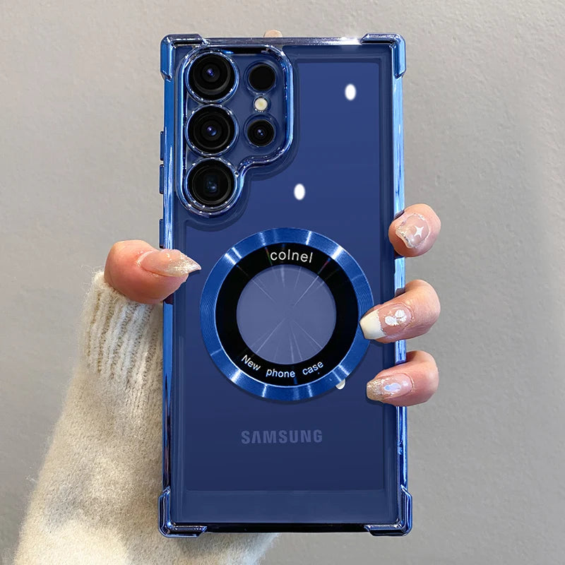 Capa de carregamento magnético sem fio com revestimento de luxo para Samsung S25 S24 Ultra S23 FE S22 Plus S21 Note 20 Capa de proteção de lente transparente