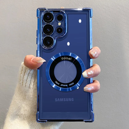Capa de carregamento magnético sem fio com revestimento de luxo para Samsung S25 S24 Ultra S23 FE S22 Plus S21 Note 20 Capa de proteção de lente transparente