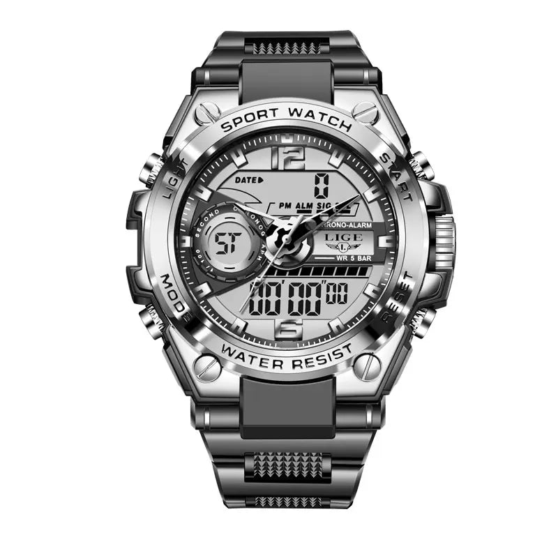 Relógio militar masculino Lige, digital, à prova d'água, 50 m, LED, quartzo, esportivo, grande, relógio masculino