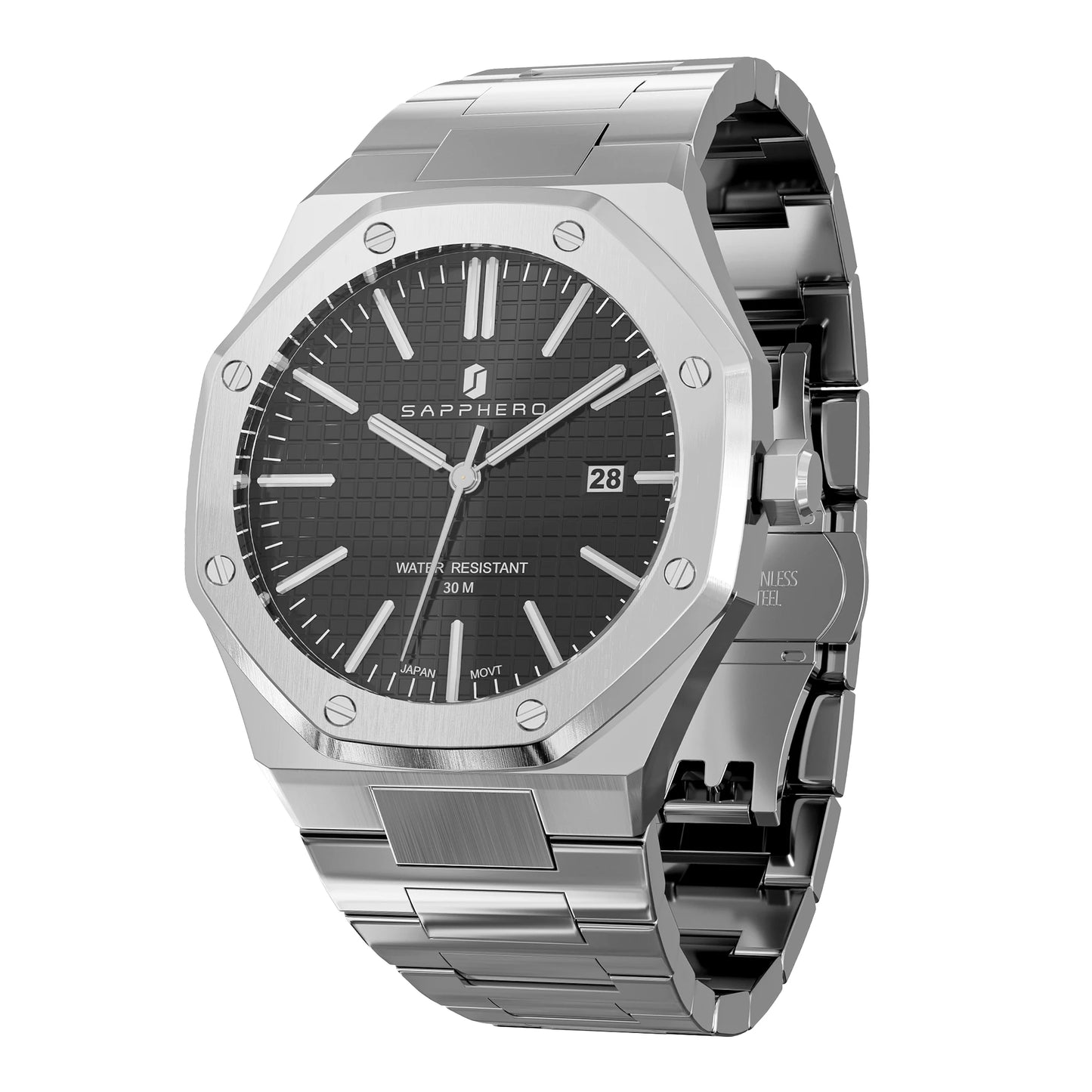 Relógio de pulso masculino SAPPHERO de luxo para negócios em aço inoxidável, esportivo, à prova d'água, resistente, presente para homens