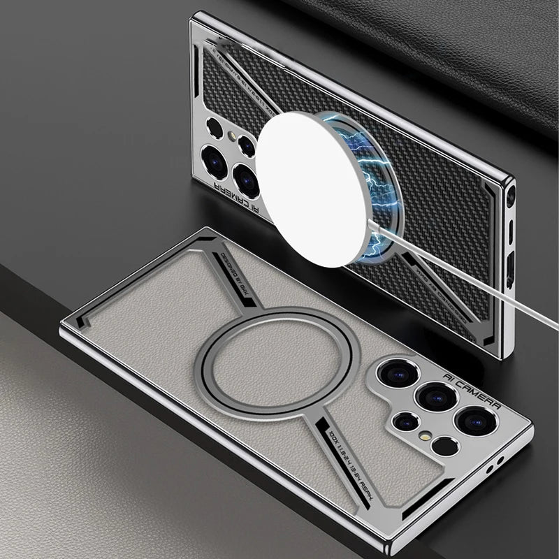 Capa de celular de couro liso com revestimento de luxo para Samsung Galaxy S25 S24 S23 Ultra Magsafe, capa protetora magnética com carregamento sem fio