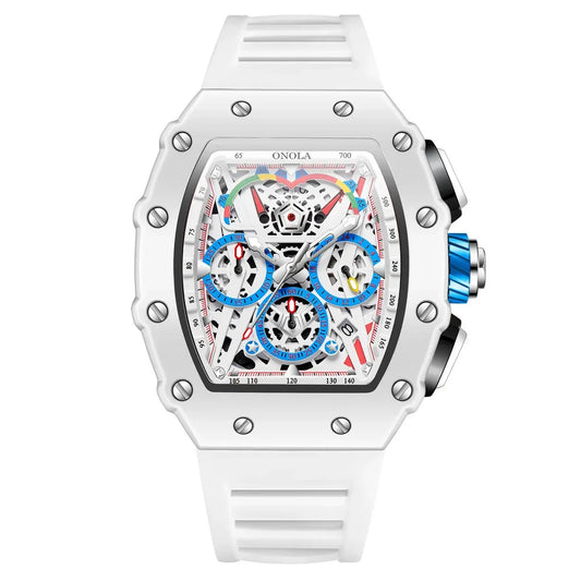 Relógio masculino ONOLA Fashion Tonneau à prova d'água com cronógrafo de quartzo esportivo com pulseira de silicone branca e relógio de pulso de luxo 2024 novo