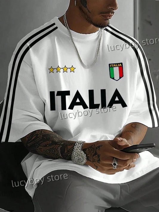 Camiseta rara masculina casual com estampa 3D de letras ITALIA, manga curta, esportiva, de futebol, vintage, listrada, grande, roupas masculinas