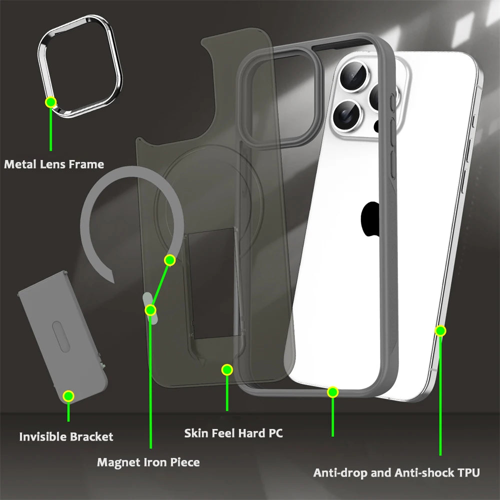 Capa de celular magnética dobrável Magsafe de luxo para iPhone 16, 15, 14 Plus, 13, 12, 11 Pro Max, capa traseira translúcida fosca