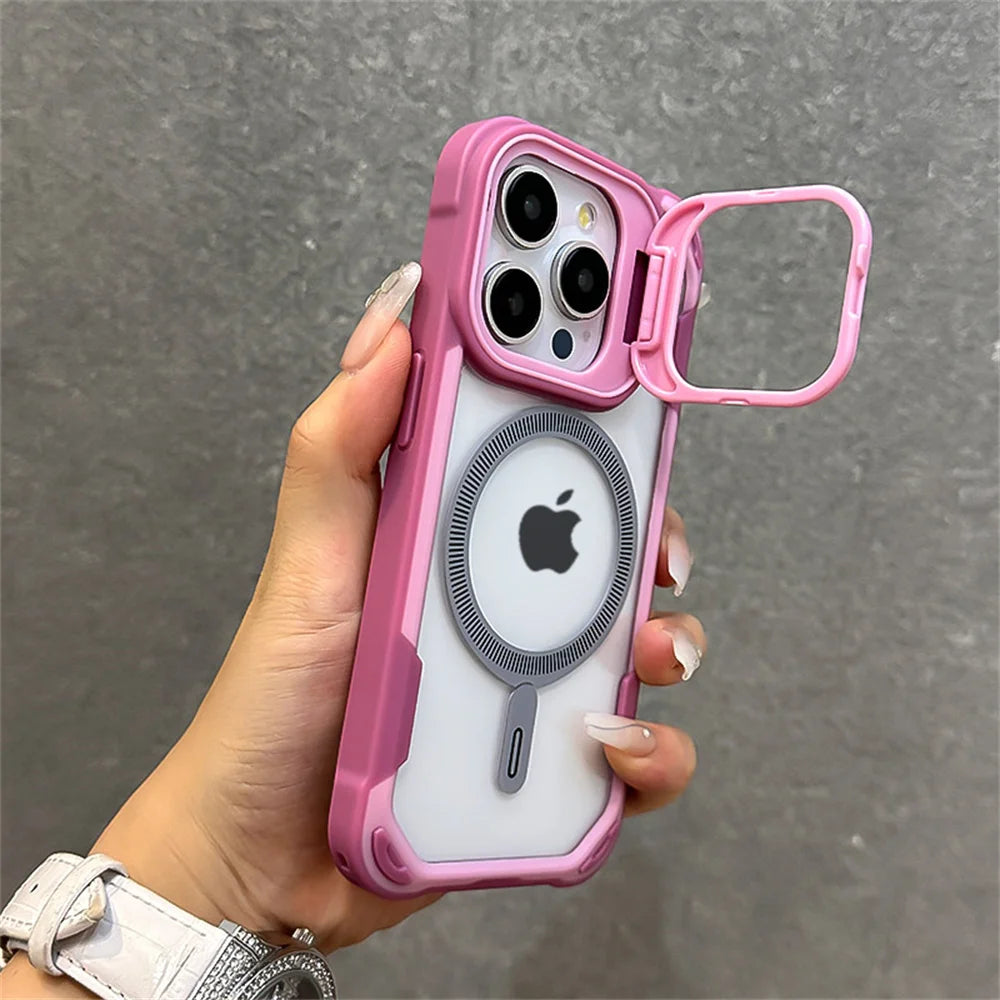 Capa magnética de luxo com armadura de cor contrastante para iPhone 16, 15, 14, 13, 12 Pro Max 11, suporte de lente dobrável para capa traseira Magsafe