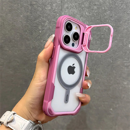 Capa magnética de luxo com armadura de cor contrastante para iPhone 16, 15, 14, 13, 12 Pro Max 11, suporte de lente dobrável para capa traseira Magsafe