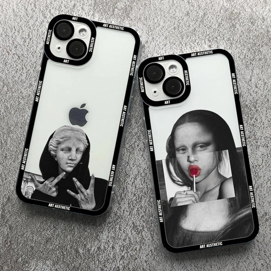 Capa de celular transparente David Mona Lisa com estética da Great Art para iPhone 16, 15, 14, 13, 12, 11 Pro Max, 16E Mini XS X SE2, 7, 8 Plus