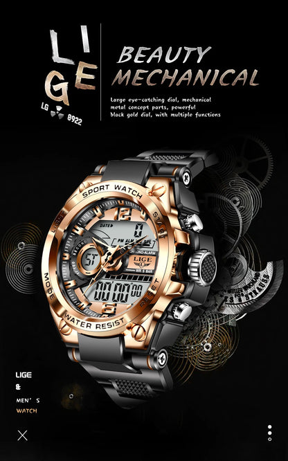 Relógio militar masculino Lige, digital, à prova d'água, 50 m, LED, quartzo, esportivo, grande, relógio masculino