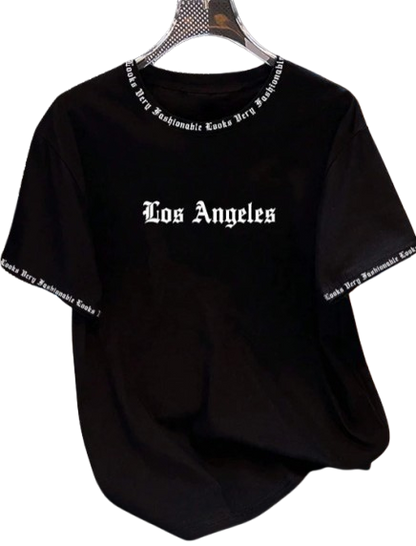 2025 Camiseta Los Angeles LA Gola Redonda Manga Curta Casual Solta Camiseta de Algodão Cor Sólida Casaco Base Estilo Americano
