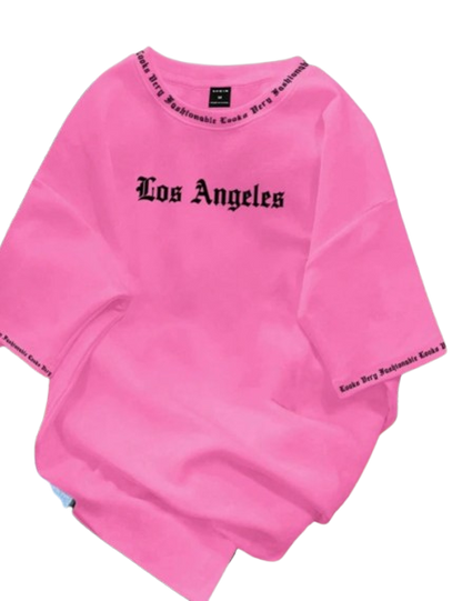 2025 Camiseta Los Angeles LA Gola Redonda Manga Curta Casual Solta Camiseta de Algodão Cor Sólida Casaco Base Estilo Americano