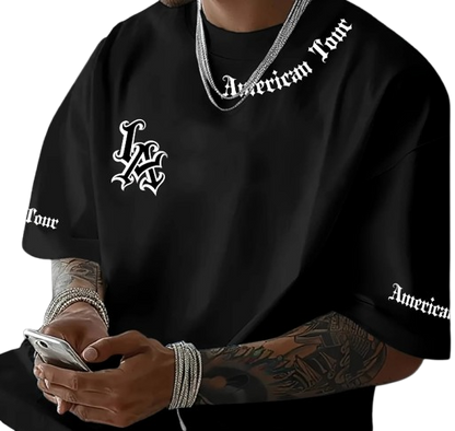 Camiseta esportiva casual com estampa de letras LA, manga curta, unissex, casual, uso diário, camiseta masculina